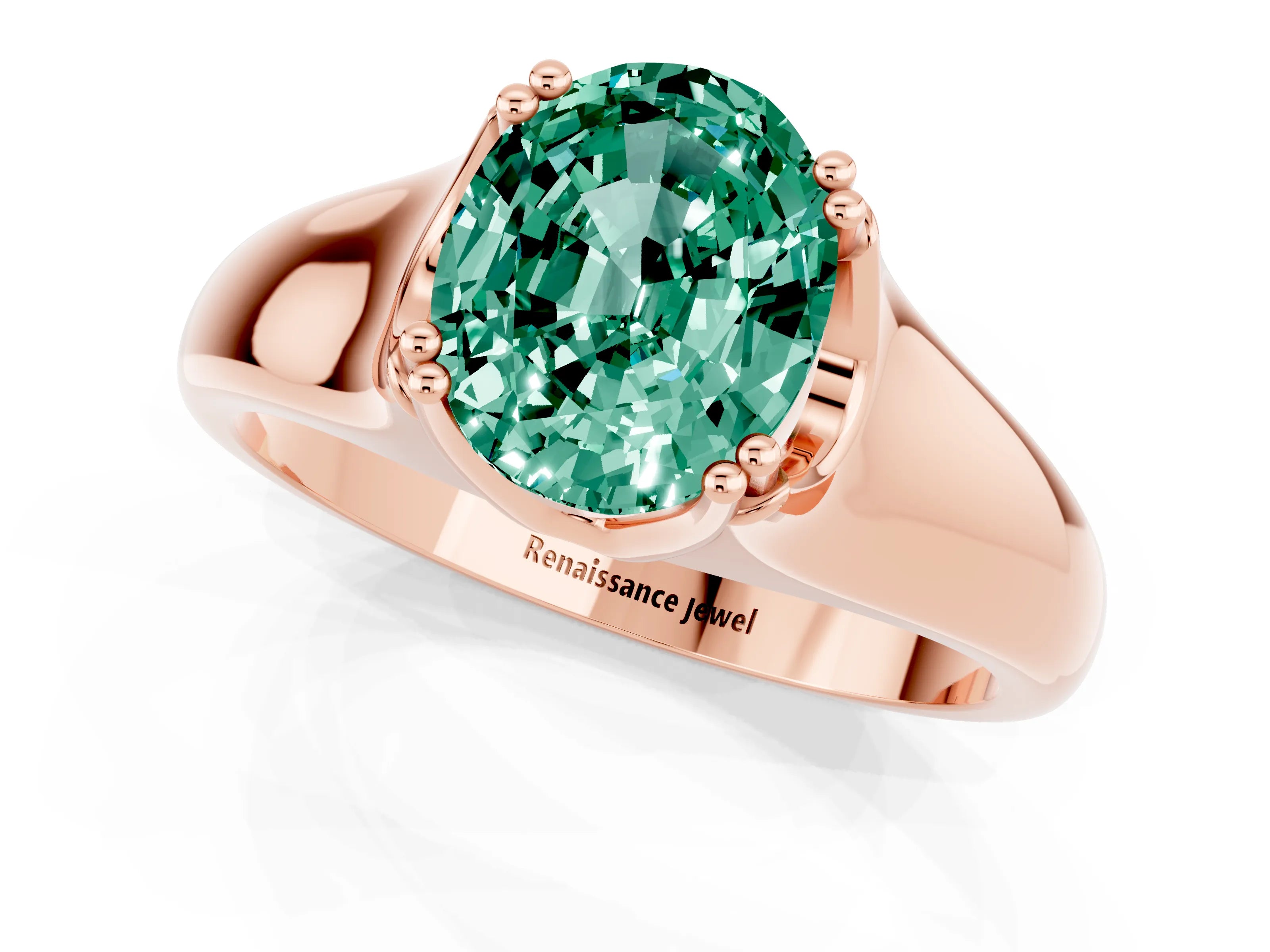 Rose gold Oval Cut Green Sapphire Solitaire Ring with Wide Band and Prong Setting_1