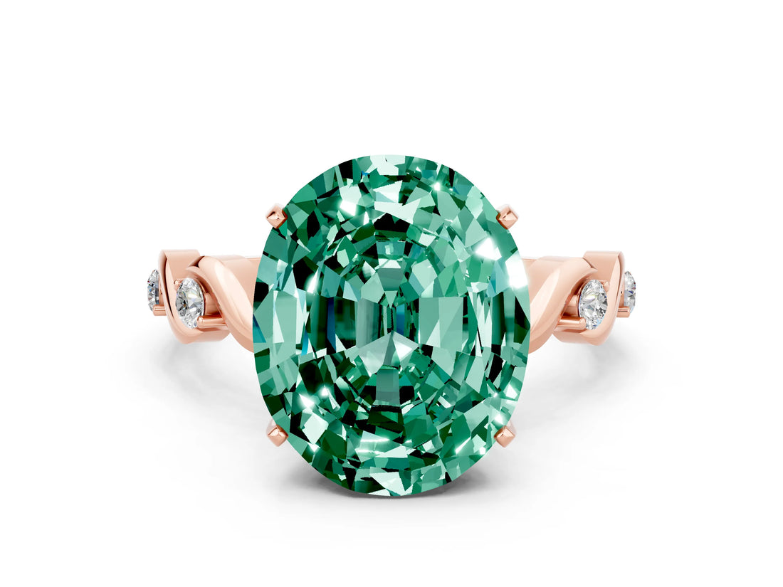 Rose gold Oval Cut Green Sapphire Solitaire Twisted Band with Round  Accents and Prong Setting_12