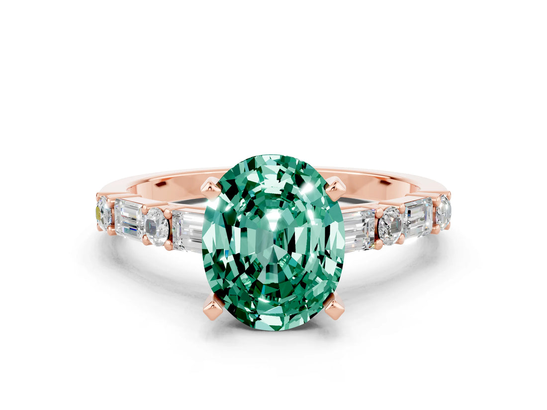 Rose gold Oval Cut Green Sapphire Solitaire with Side Baguettes and Channel Set Band