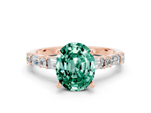 Rose gold Oval Cut Green Sapphire Solitaire with Side Baguettes and Channel Set Band