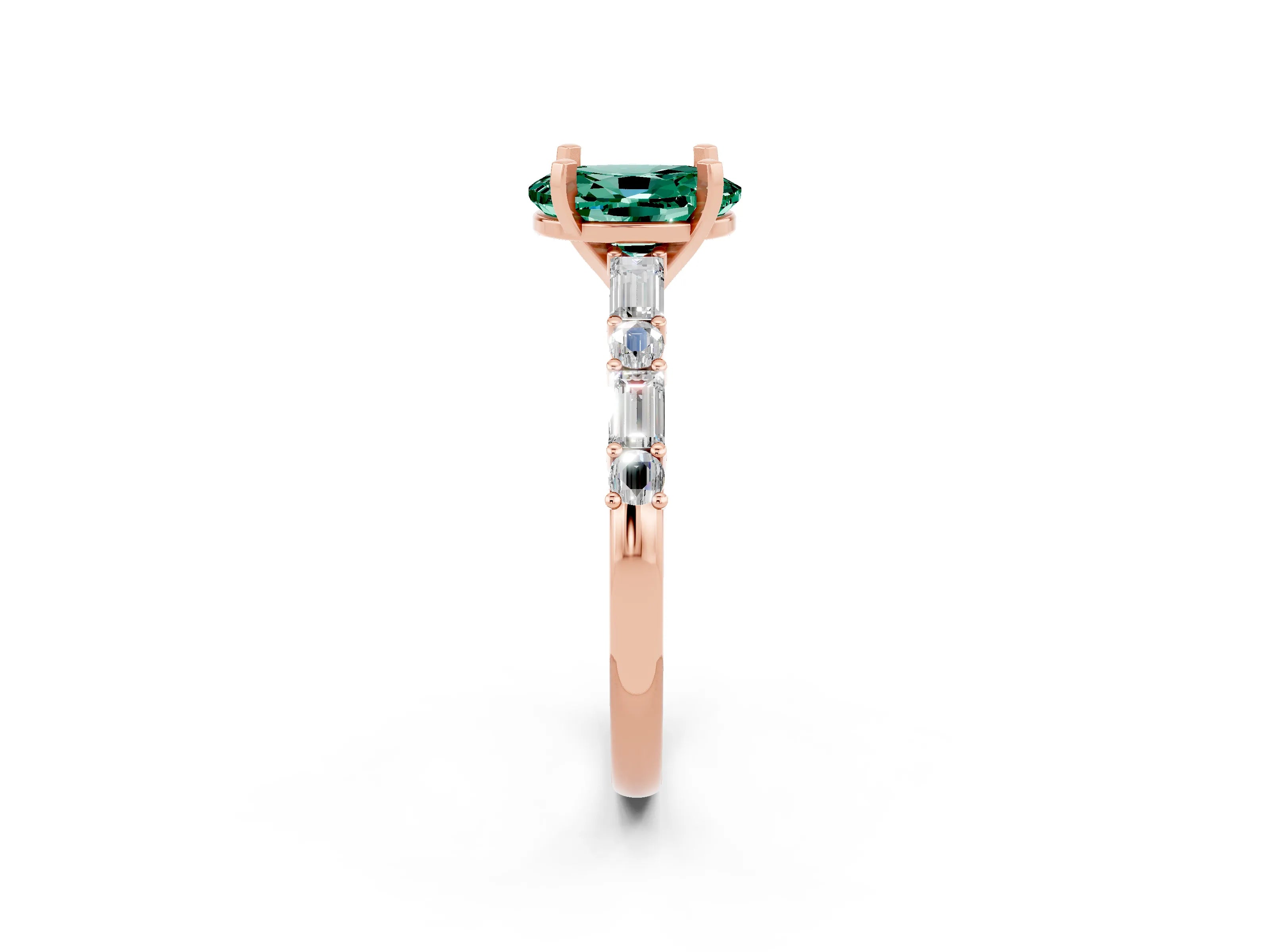 Rose gold Oval Cut Green Sapphire Solitaire with Side Baguettes and Channel Set Band_2