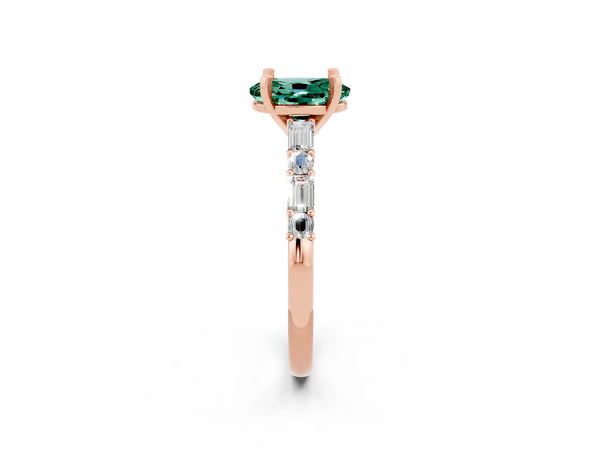 Rose gold Oval Cut Green Sapphire Solitaire with Side Baguettes and Channel Set Band