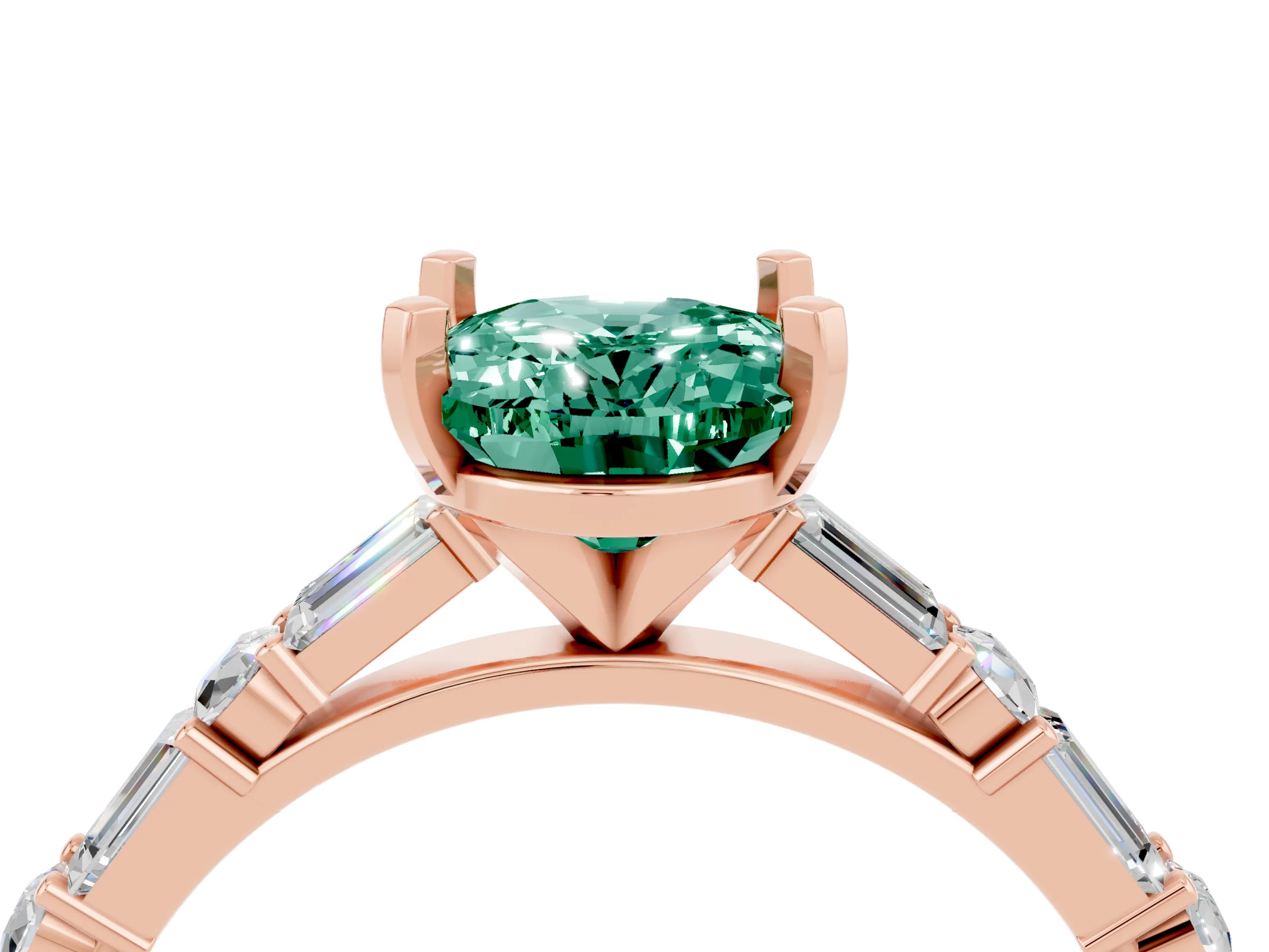 Rose gold Oval Cut Green Sapphire Solitaire with Side Baguettes and Channel Set Band_4