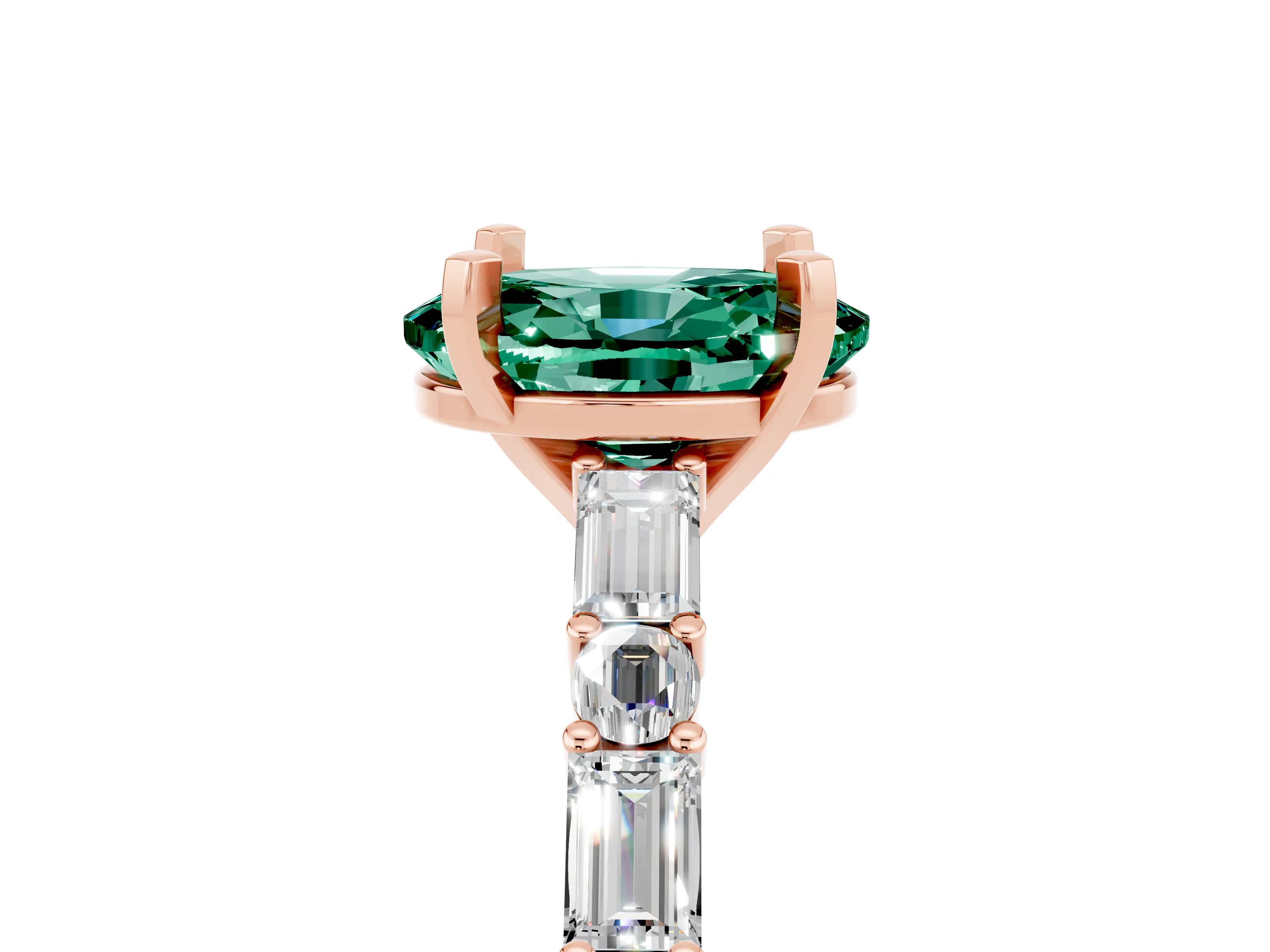 Rose gold Oval Cut Green Sapphire Solitaire with Side Baguettes and Channel Set Band_5