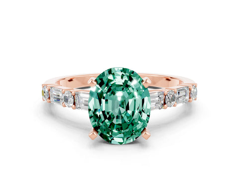 Rose gold Oval Cut Green Sapphire Solitaire with Side Baguettes and Channel Set Band