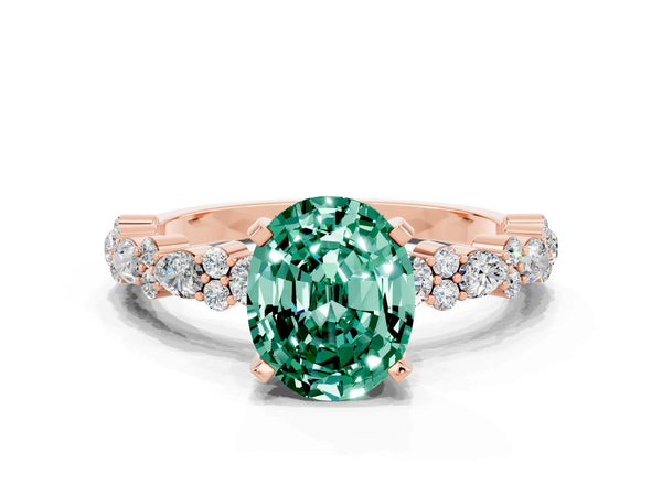 Rose gold Oval Cut Green Sapphire Side Stone Solitaire Ring with Round  and Four-Prong Setting