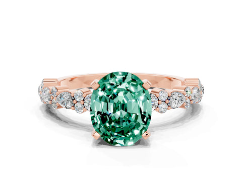 Rose gold Oval Cut Green Sapphire Solitaire with Side Stones, Pave Band, Four-Prong Setting_36