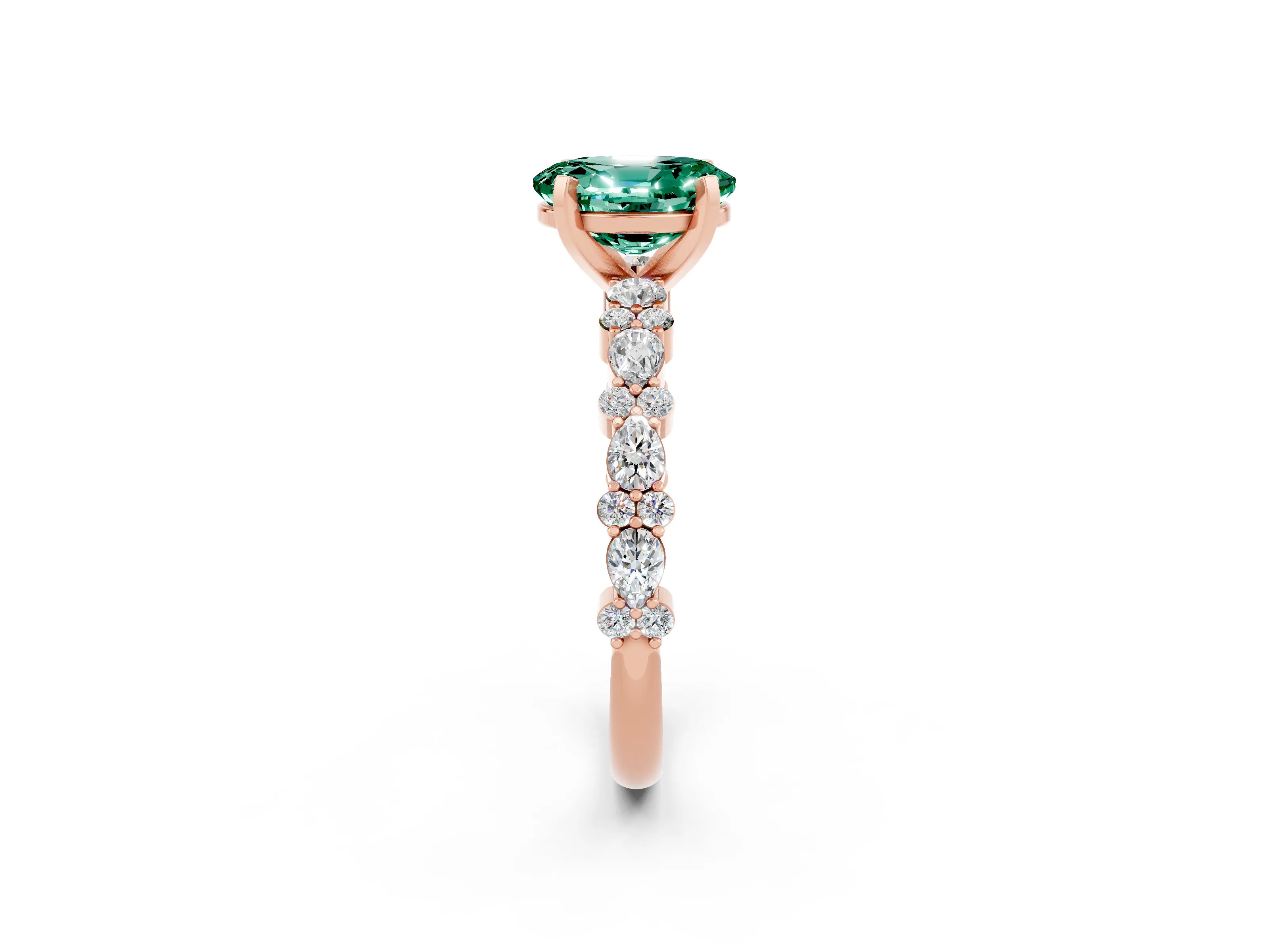Rose gold Oval Cut Green Sapphire Solitaire with Side Stones, Pave Band, Four-Prong Setting_38