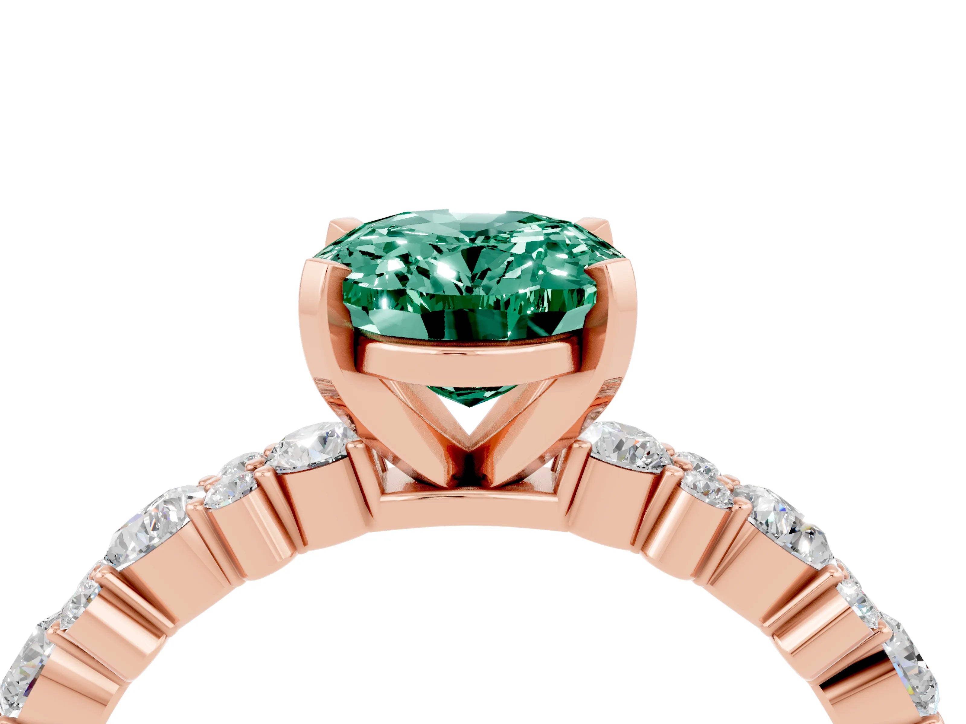 Rose gold Oval Cut Green Sapphire Solitaire with Side Stones, Pave Band, Four-Prong Setting_40