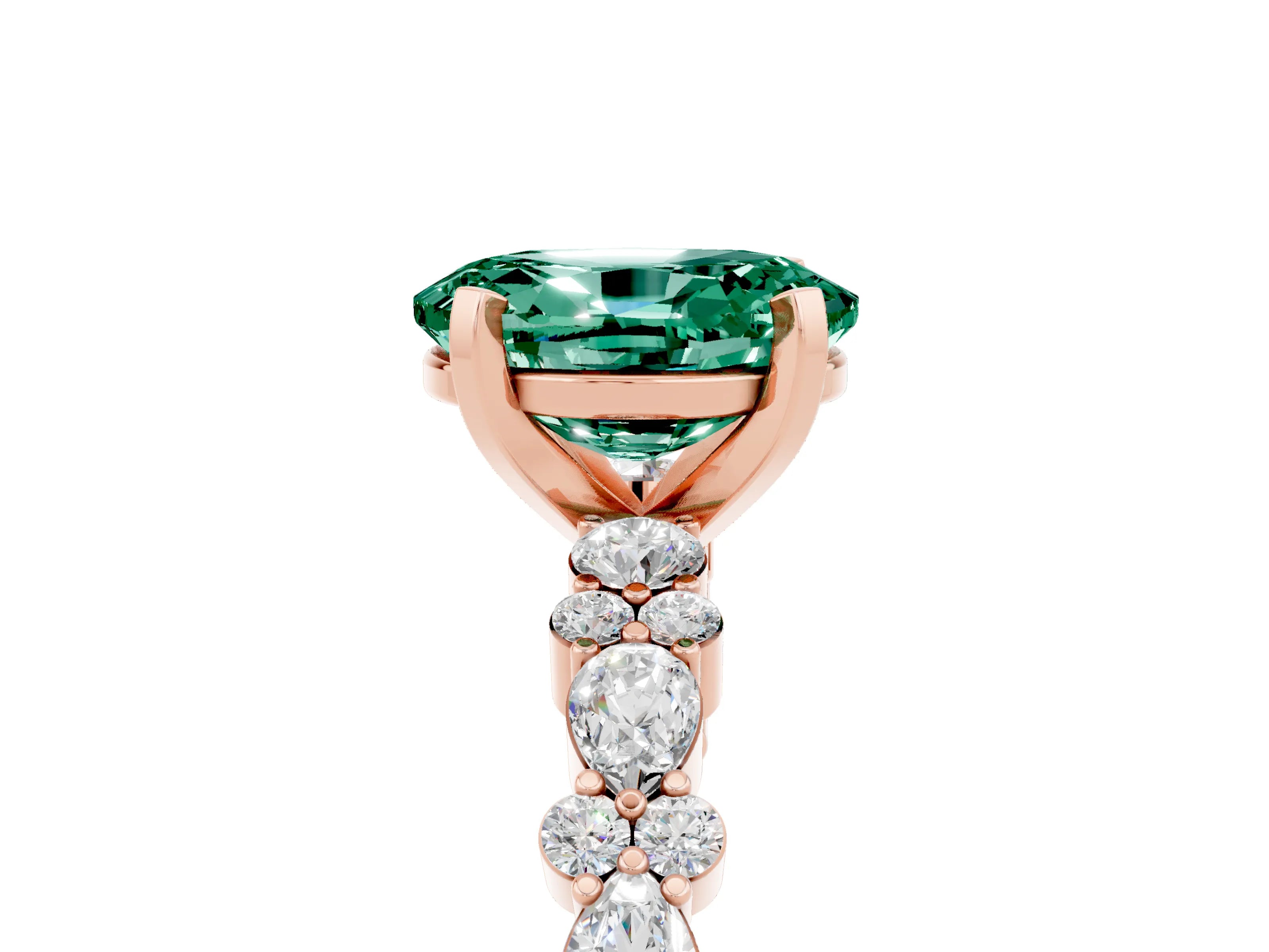 Rose gold Oval Cut Green Sapphire Solitaire with Side Stones, Pave Band, Four-Prong Setting_41
