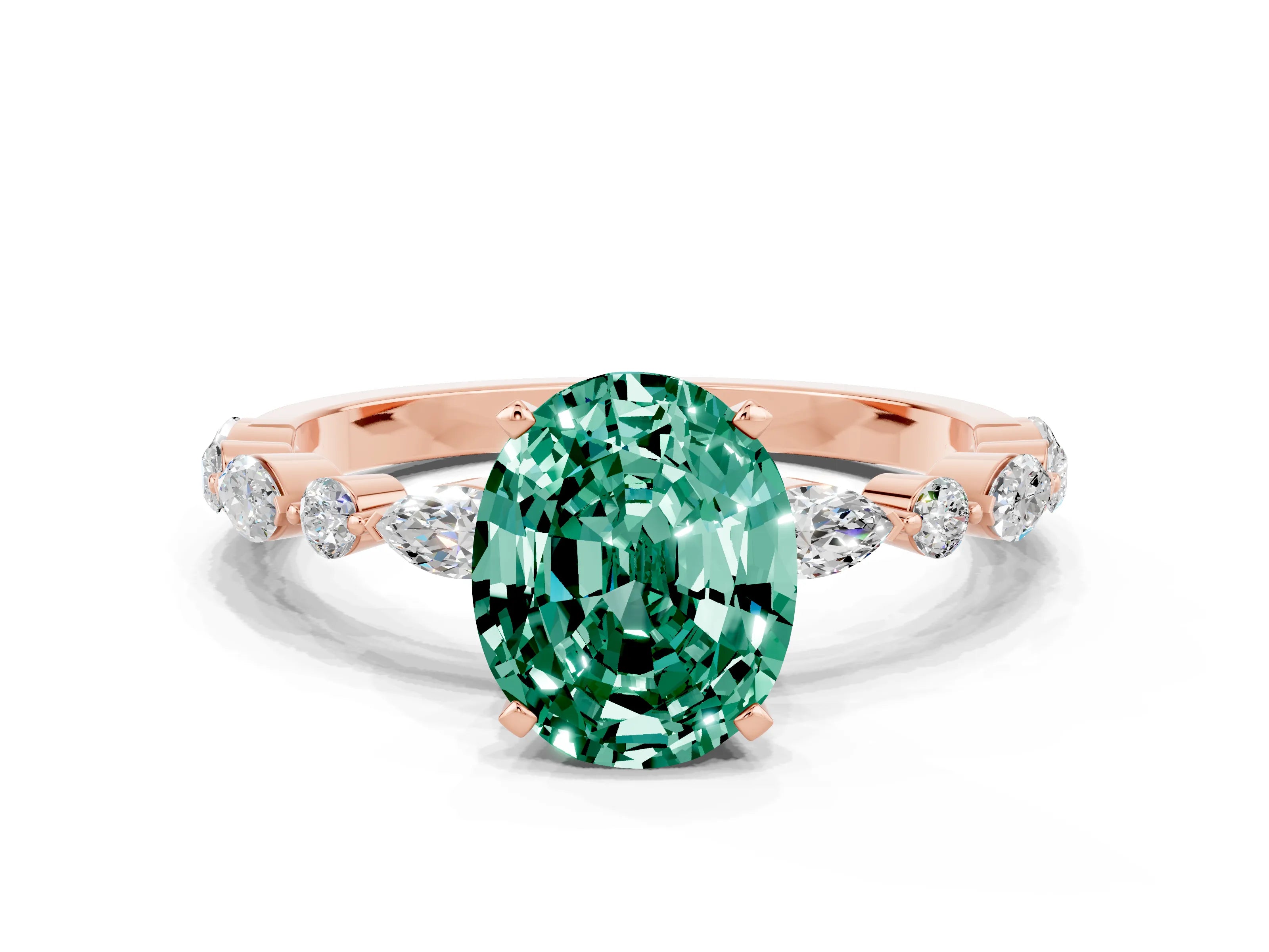 Rose gold Oval Cut Green Sapphire Solitaire with Side Stones on a Pavé Band and Four-Prong Setting