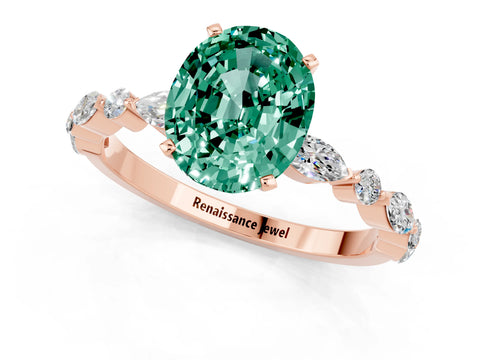 Rose gold Oval Cut Green Sapphire Solitaire with Side Stones on a Pavé Band and Four-Prong Setting_1