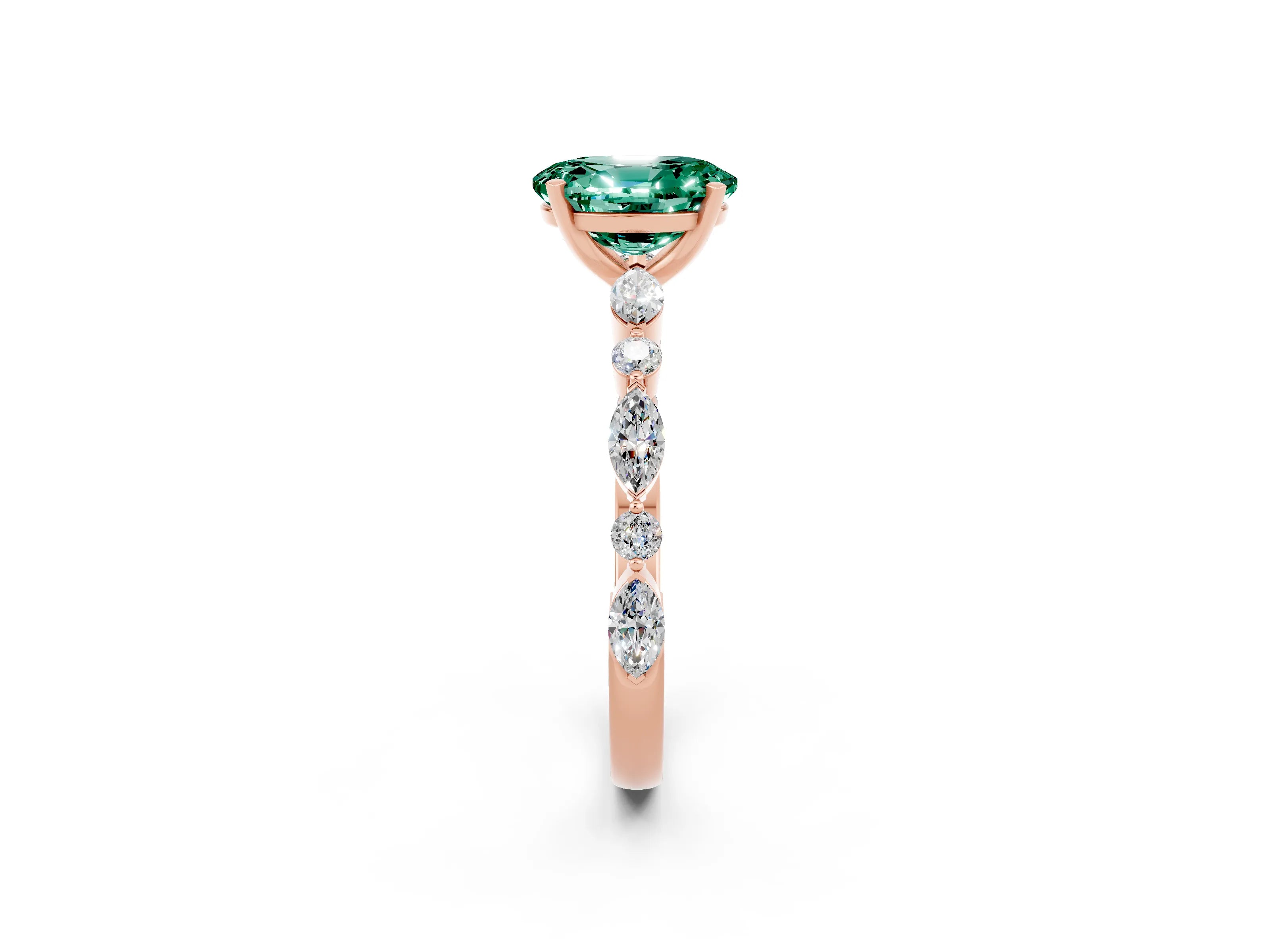 Rose gold Oval Cut Green Sapphire Solitaire with Side Stones on a Pavé Band and Four-Prong Setting_2