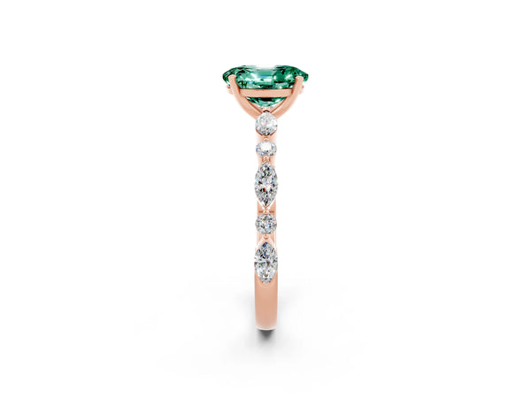 Rose gold Oval Cut Green Sapphire Ring with Marquise and Round  Side Stones and Four-Prong Setting