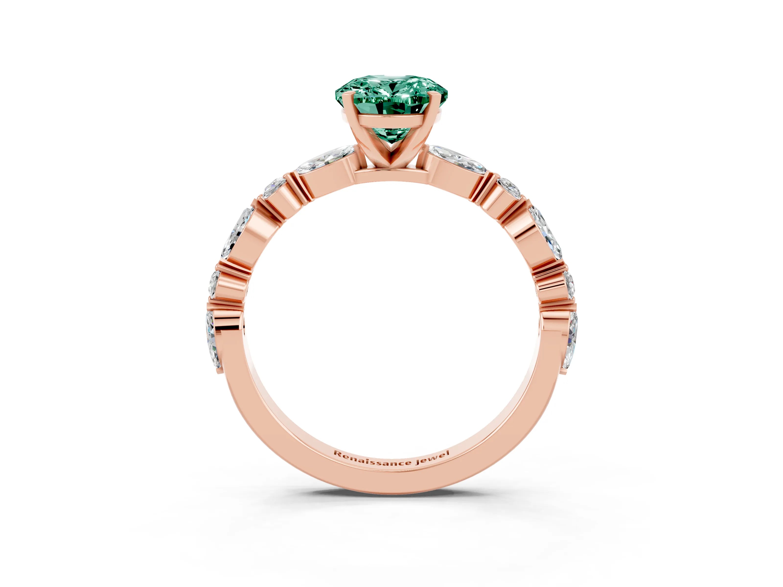 Rose gold Oval Cut Green Sapphire Solitaire with Side Stones on a Pavé Band and Four-Prong Setting_3
