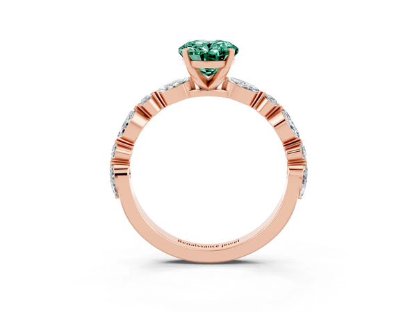 Rose gold Oval Cut Green Sapphire Ring with Marquise and Round  Side Stones and Four-Prong Setting
