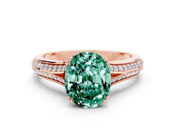 Rose gold Oval Cut Green Sapphire Split Shank Engagement Ring with Pavé Band