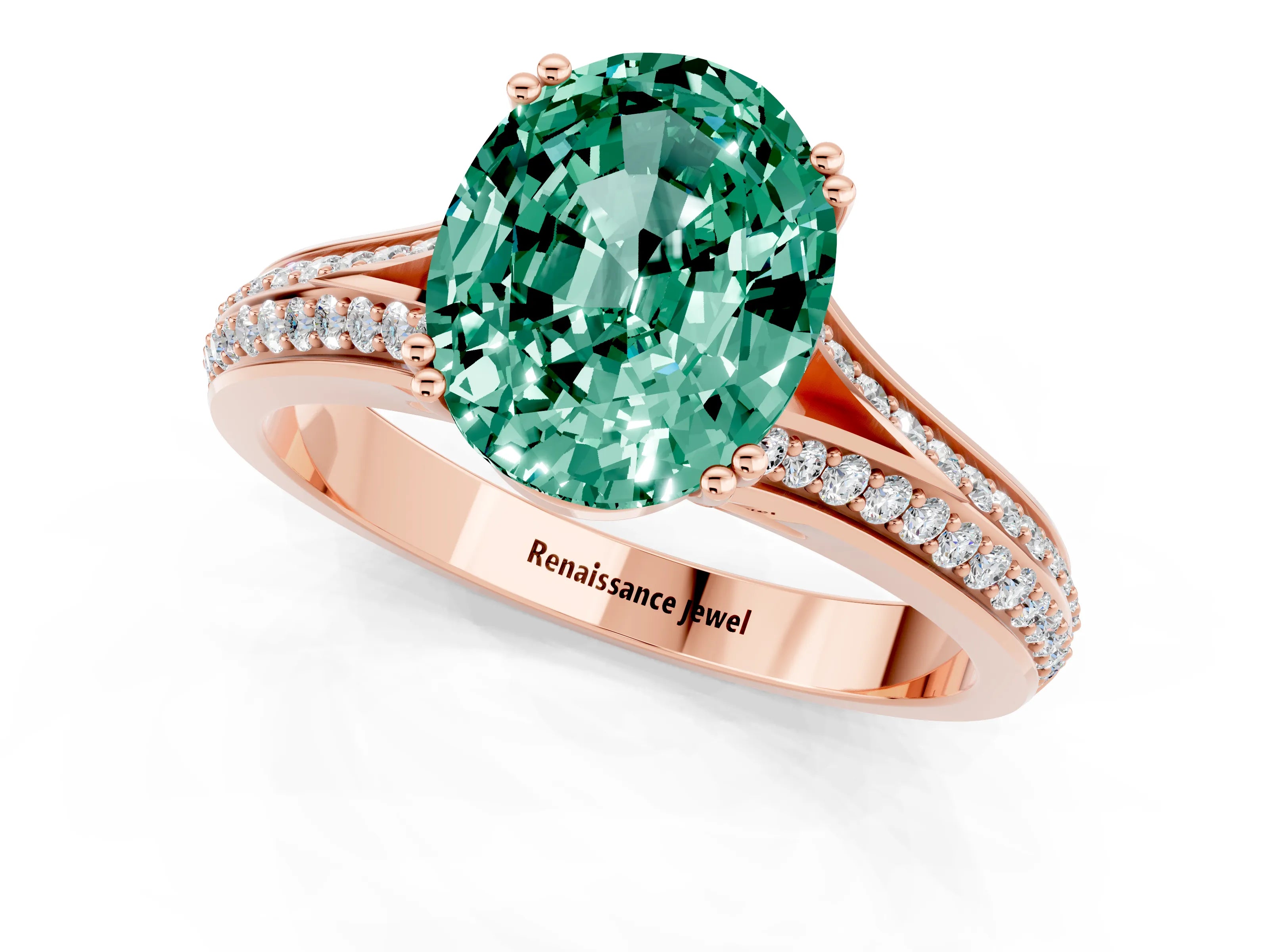 Rose gold Oval Cut Green Sapphire Split Shank Engagement Ring with Pavé Band_1