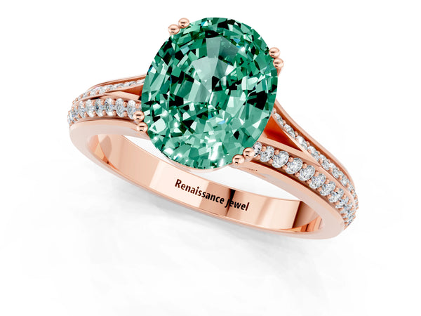 Rose gold Oval Cut Green Sapphire Split Shank Engagement Ring with Pavé Band