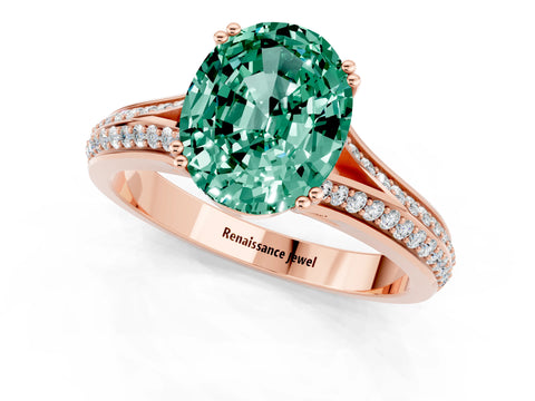 Rose gold Oval Cut Green Sapphire Split Shank Engagement Ring with Pavé Band_1