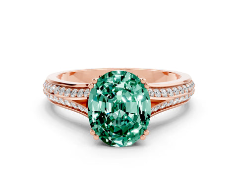 Rose gold Oval Cut Green Sapphire Split Shank Engagement Ring with Pavé Band