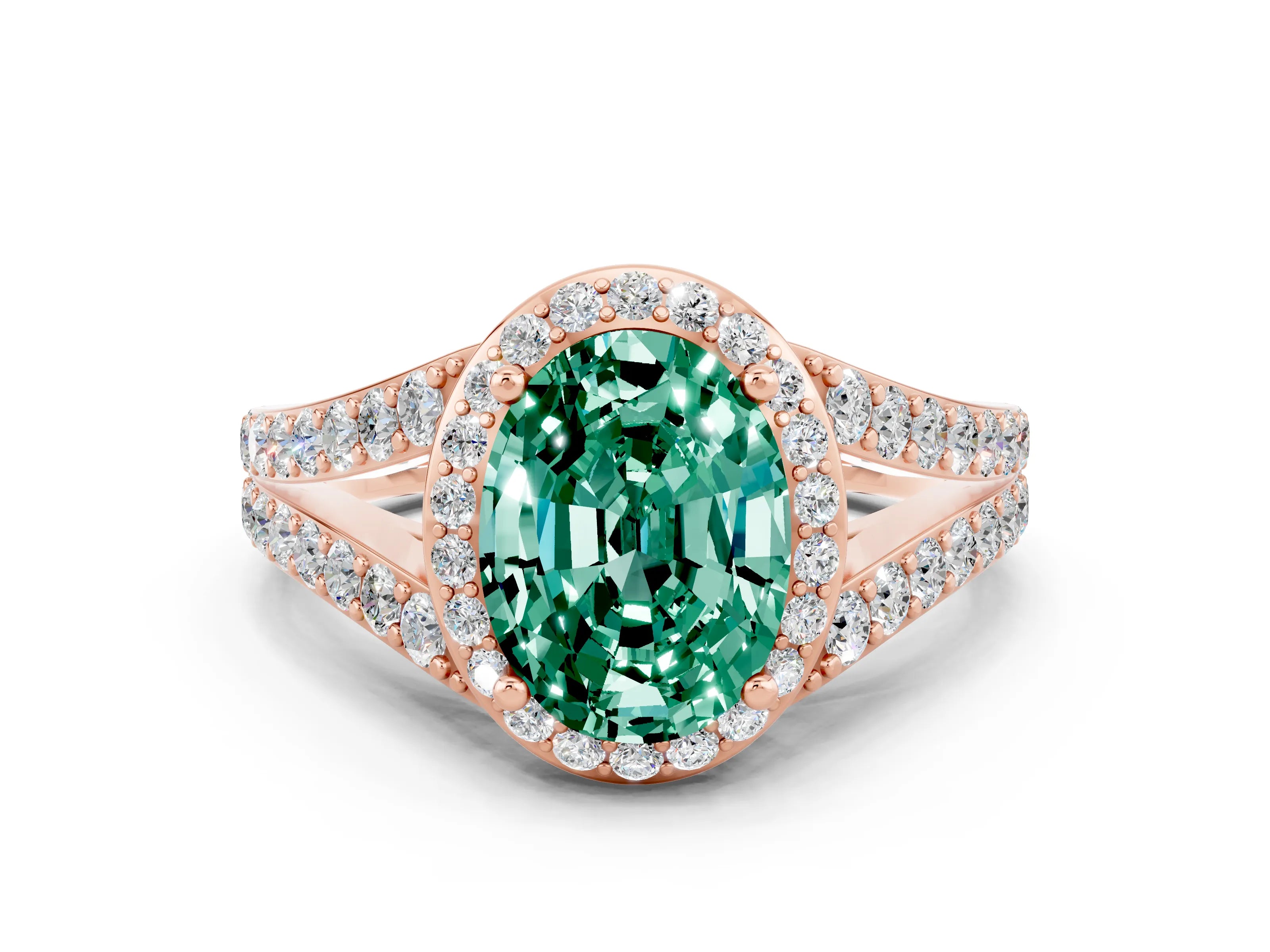 Rose gold Oval Cut Green Sapphire Split Shank Halo Ring with Four-Prong Setting_12