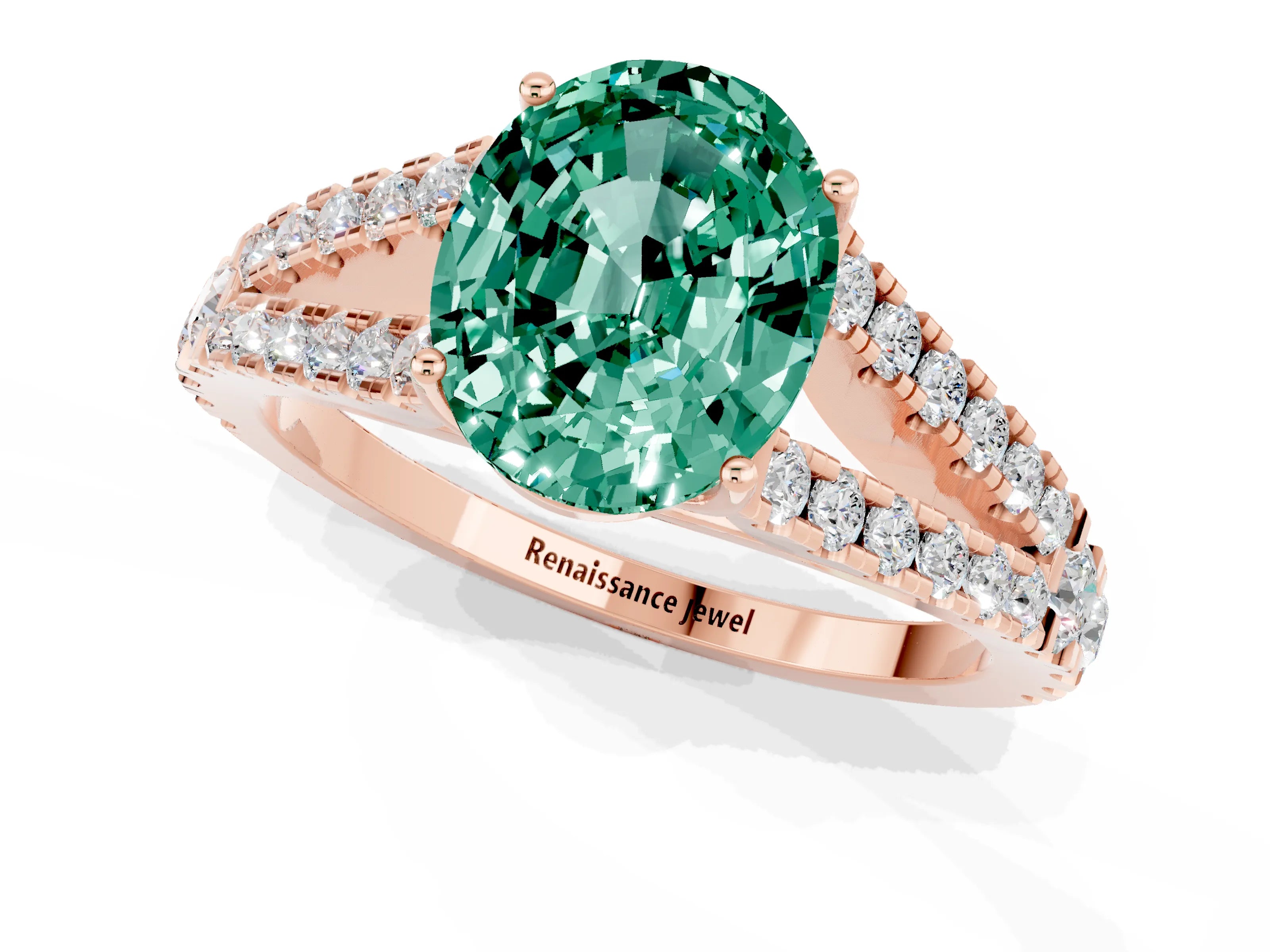 Rose gold Oval Cut Green Sapphire Split Shank Pavé Engagement Ring with Four-Prong Setting_13