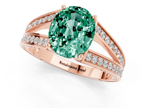 Rose gold Oval Cut Green Sapphire Split Shank Ring with Pavé Band and Four-Prong Setting_1