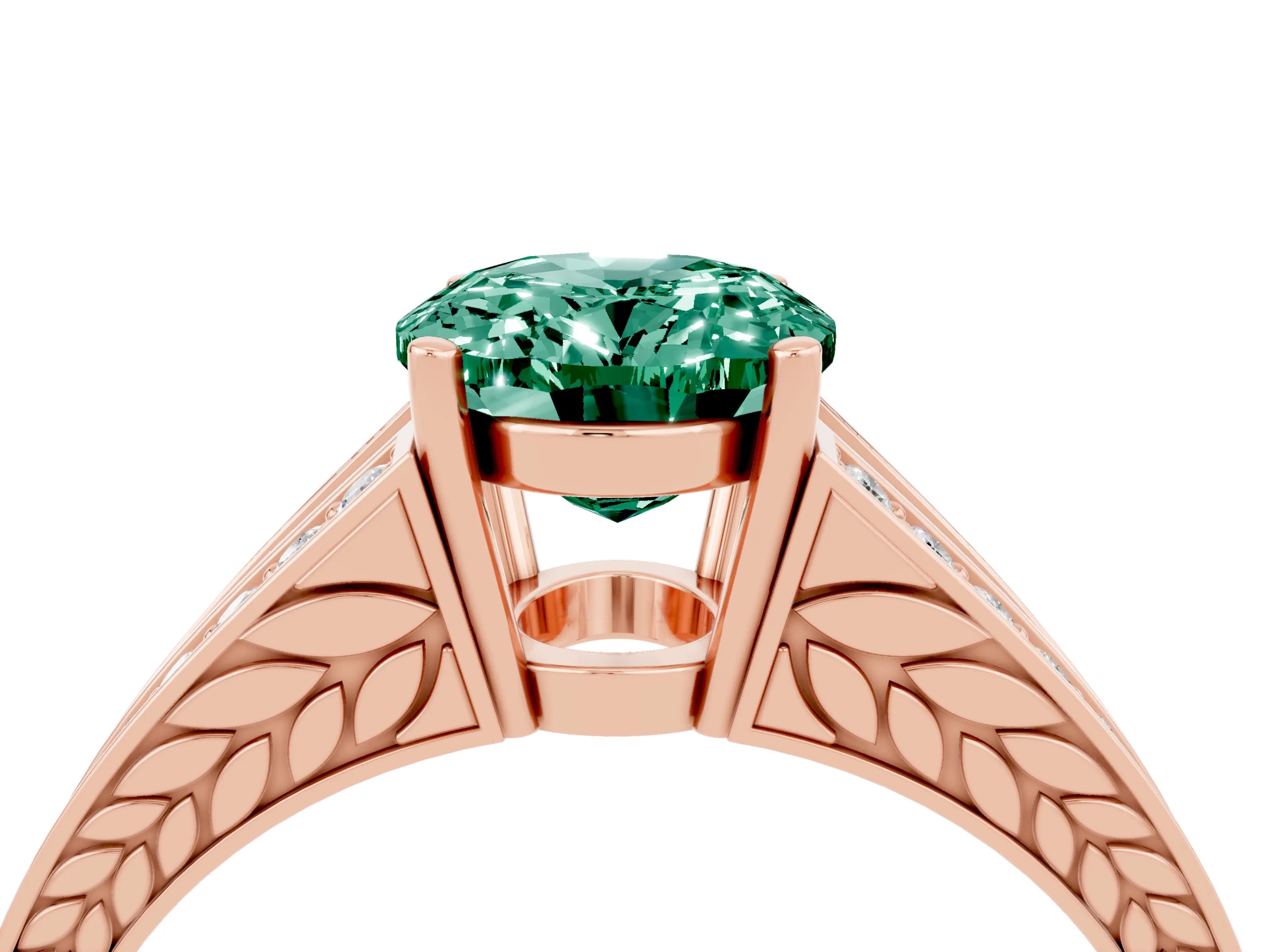 Rose gold Oval Cut Green Sapphire Split Shank Ring with Pavé Band and Four-Prong Setting_4