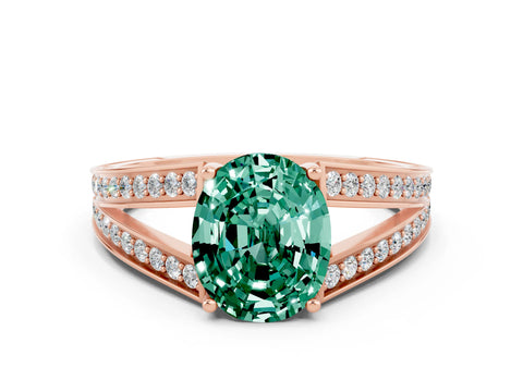 Rose gold Oval Cut Green Sapphire Split Shank Ring with Pavé Band and Four-Prong Setting