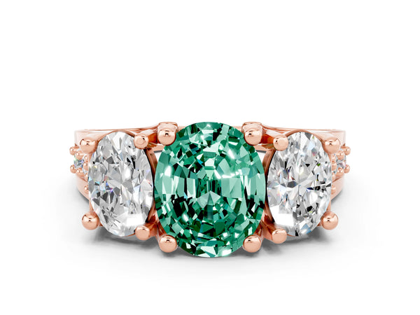 Rose gold Oval Cut Green Sapphire Three-Stone Ring with Channel Set Band and Four-Prong Setting