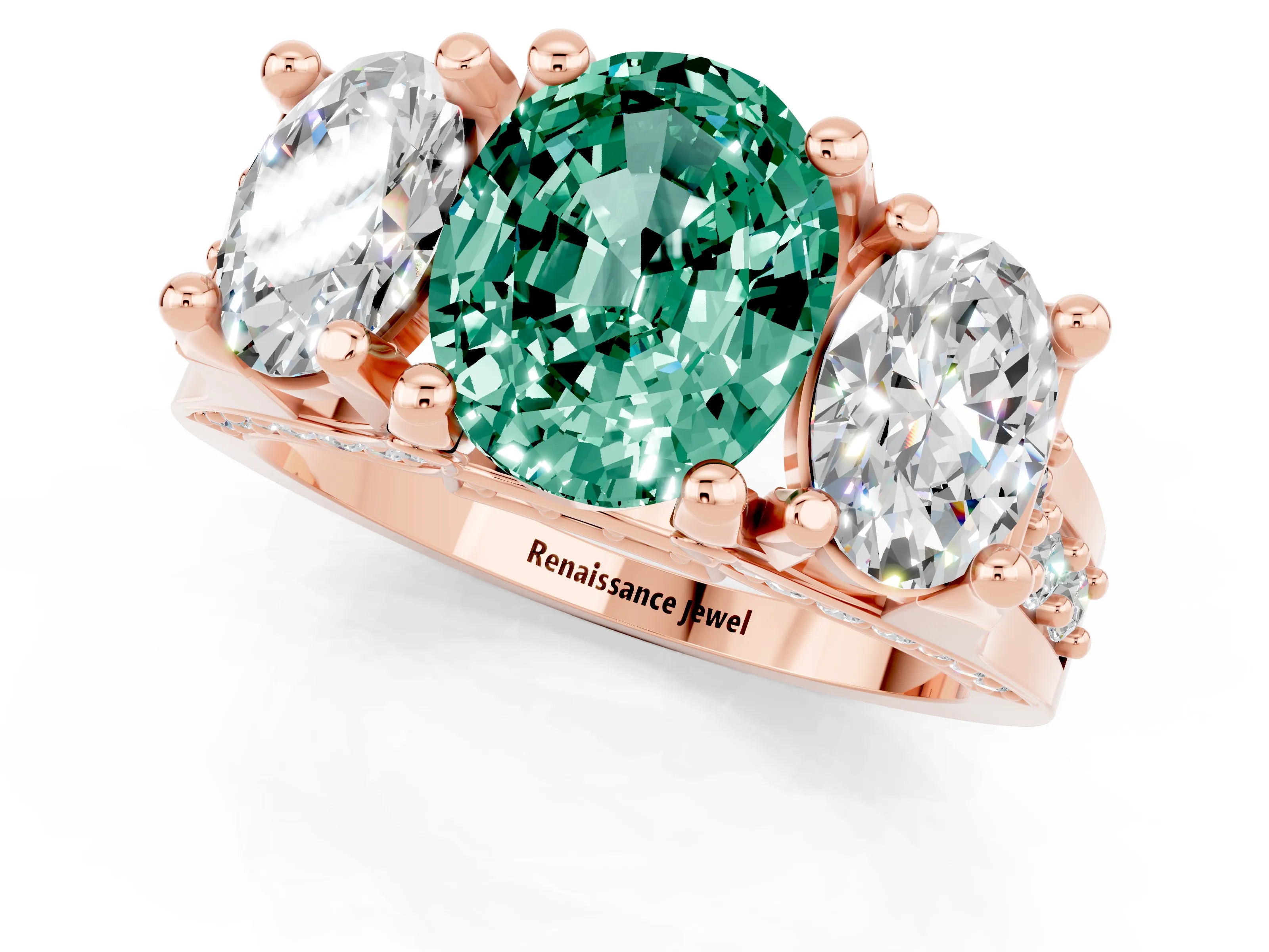 Rose gold Oval Cut Green Sapphire Three-Stone Ring with Channel Set Band and Four-Prong Setting_1