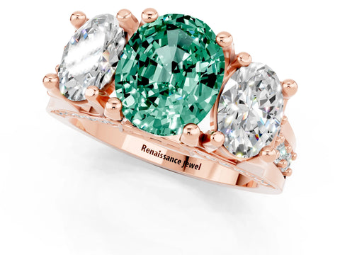 Rose gold Oval Cut Green Sapphire Three-Stone Ring with Channel Set Band and Four-Prong Setting_1