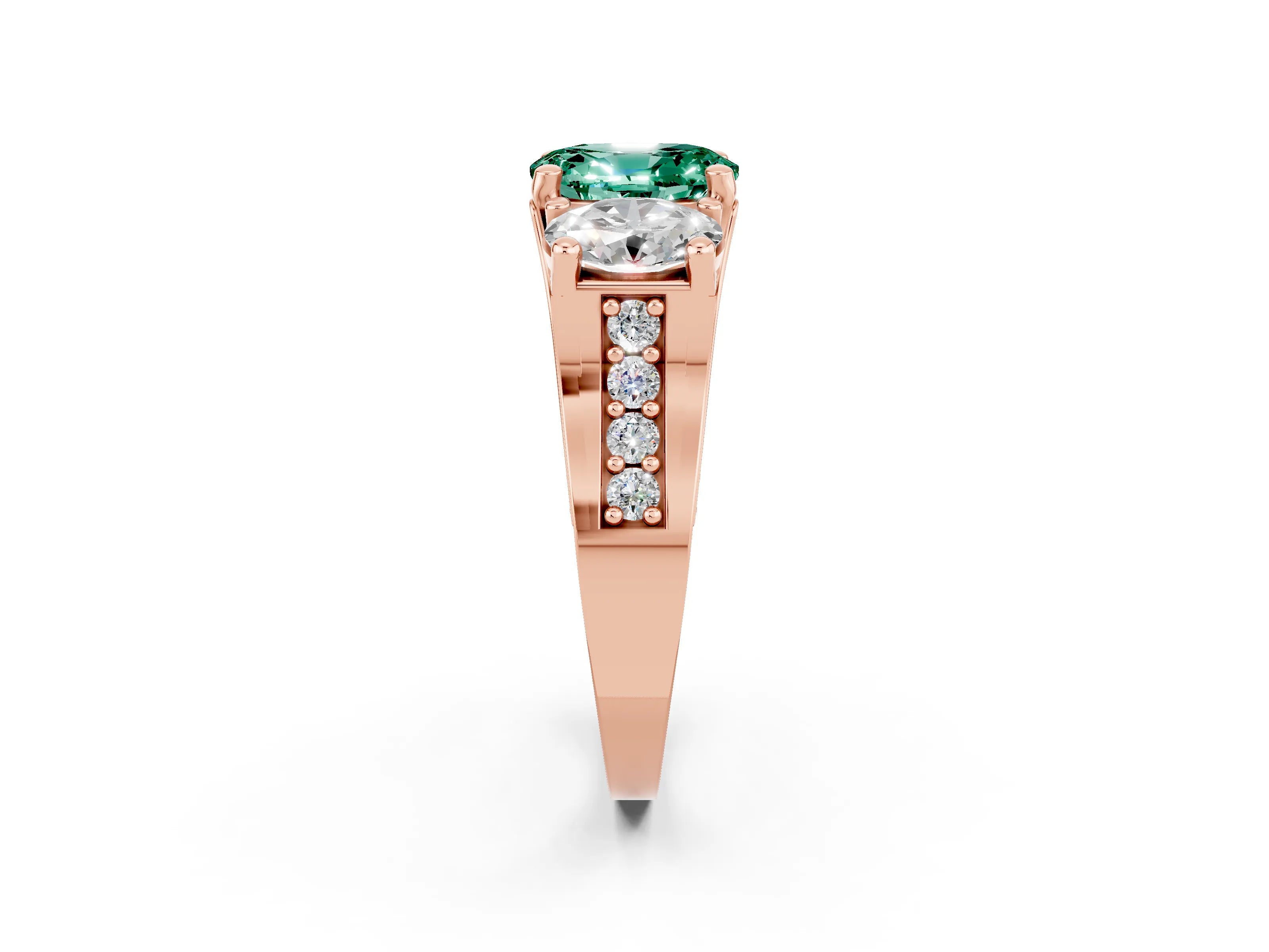 Rose gold Oval Cut Green Sapphire Three-Stone Ring with Channel Set Band and Four-Prong Setting_2