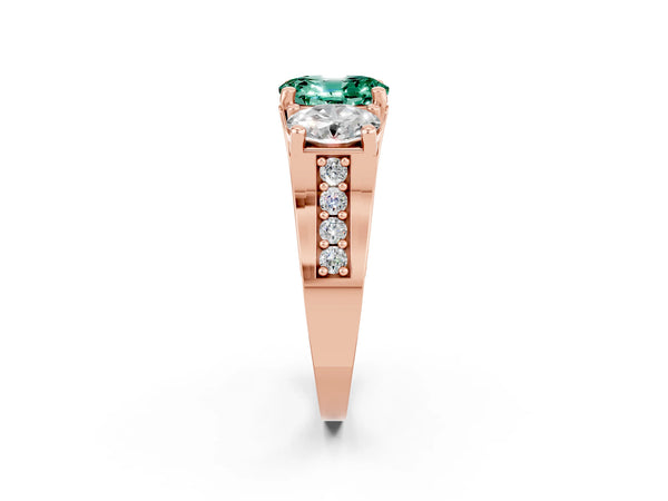 Rose gold Oval Cut Green Sapphire Three-Stone Ring with Channel Set Band and Four-Prong Setting