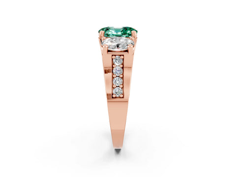 Rose gold Oval Cut Green Sapphire Three-Stone Ring with Channel Set Band and Four-Prong Setting_2