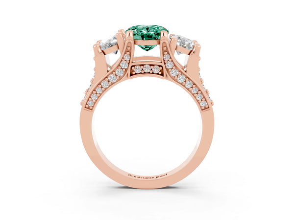 Rose gold Oval Cut Green Sapphire Three-Stone Ring with Channel Set Band and Four-Prong Setting