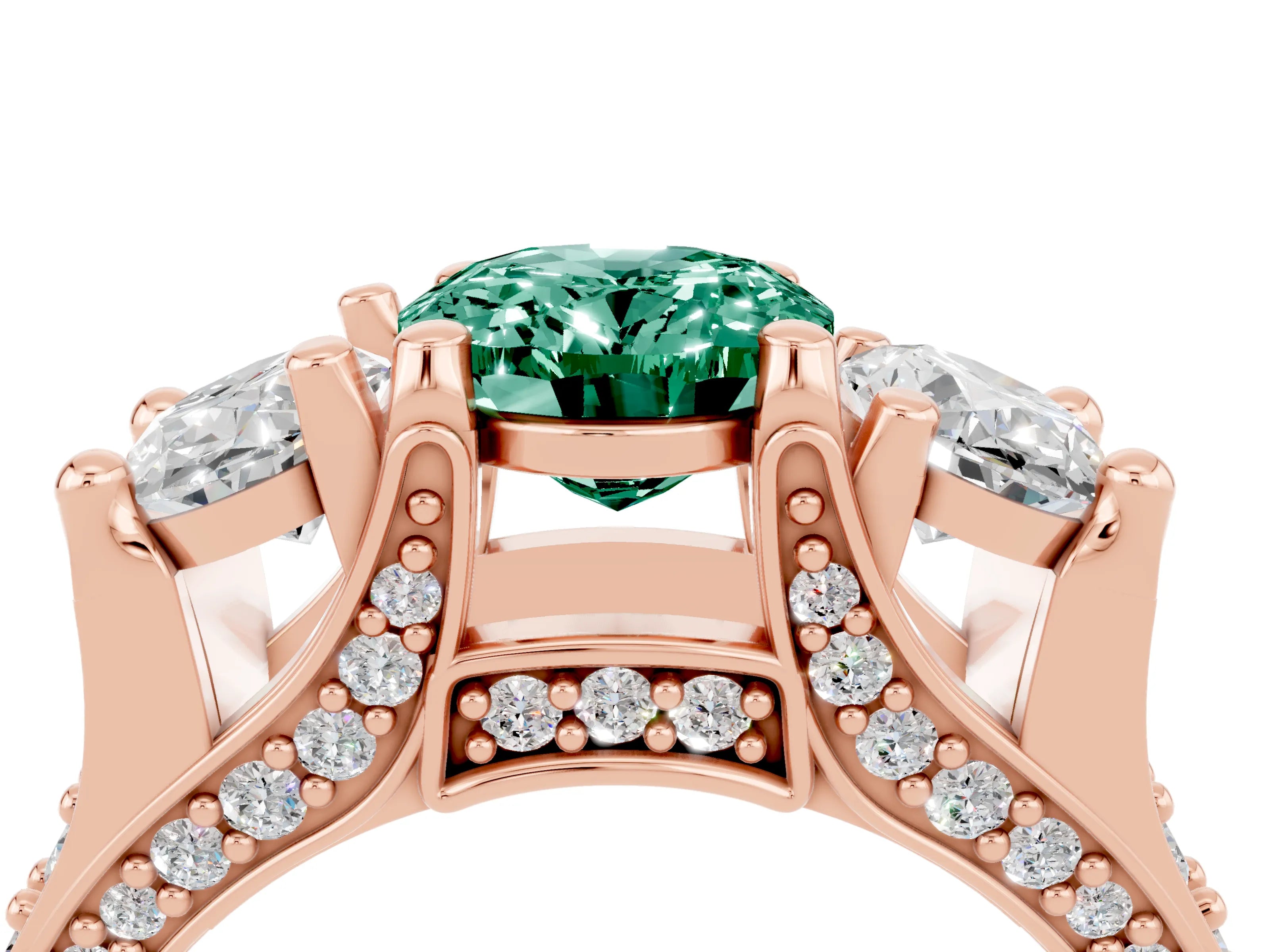 Rose gold Oval Cut Green Sapphire Three-Stone Ring with Channel Set Band and Four-Prong Setting_4