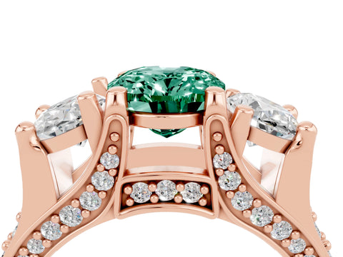 Rose gold Oval Cut Green Sapphire Three-Stone Ring with Channel Set Band and Four-Prong Setting_4