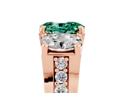 Rose gold Oval Cut Green Sapphire Three-Stone Ring with Channel Set Band and Four-Prong Setting_5