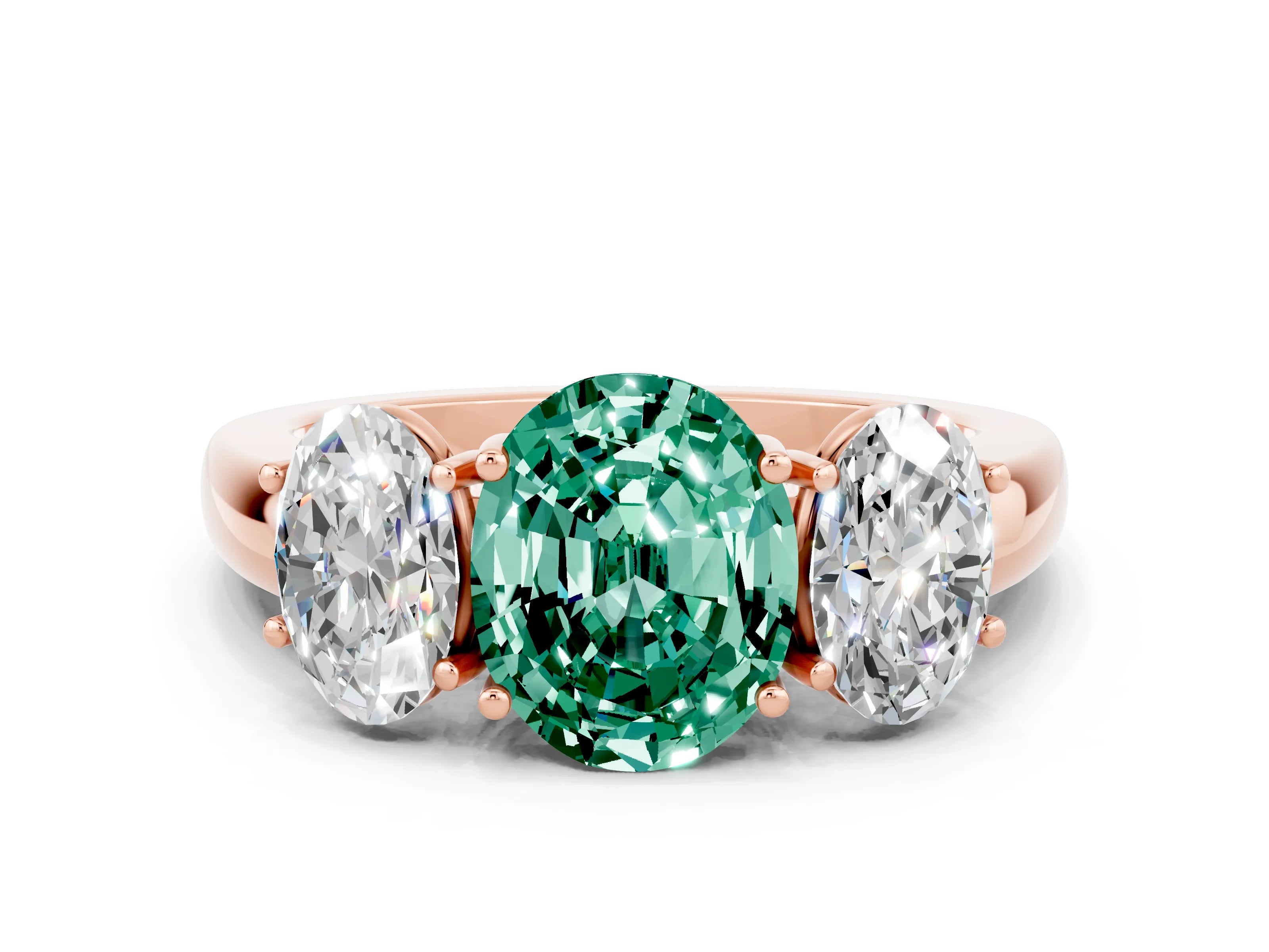 Rose gold Oval Cut Green Sapphire Three-Stone Ring with Four-Prong Setting and Classic Band