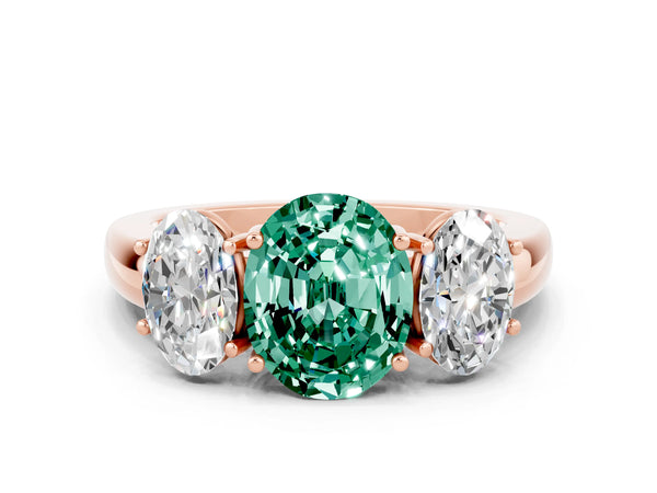 Rose gold Oval Cut Green Sapphire Three-Stone Ring with Four-Prong Setting and Classic Band