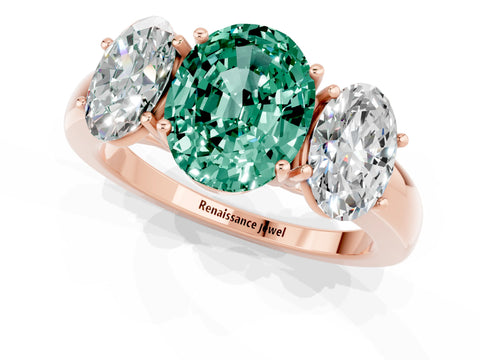Rose gold Oval Cut Green Sapphire Three-Stone Ring with Four-Prong Setting and Classic Band_1