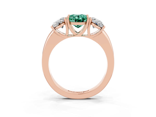 Rose gold Oval Cut Green Sapphire Three-Stone Ring with Four-Prong Setting and Classic Band