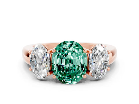 Rose gold Oval Cut Green Sapphire Three-Stone Ring with Four-Prong Setting and Classic Band