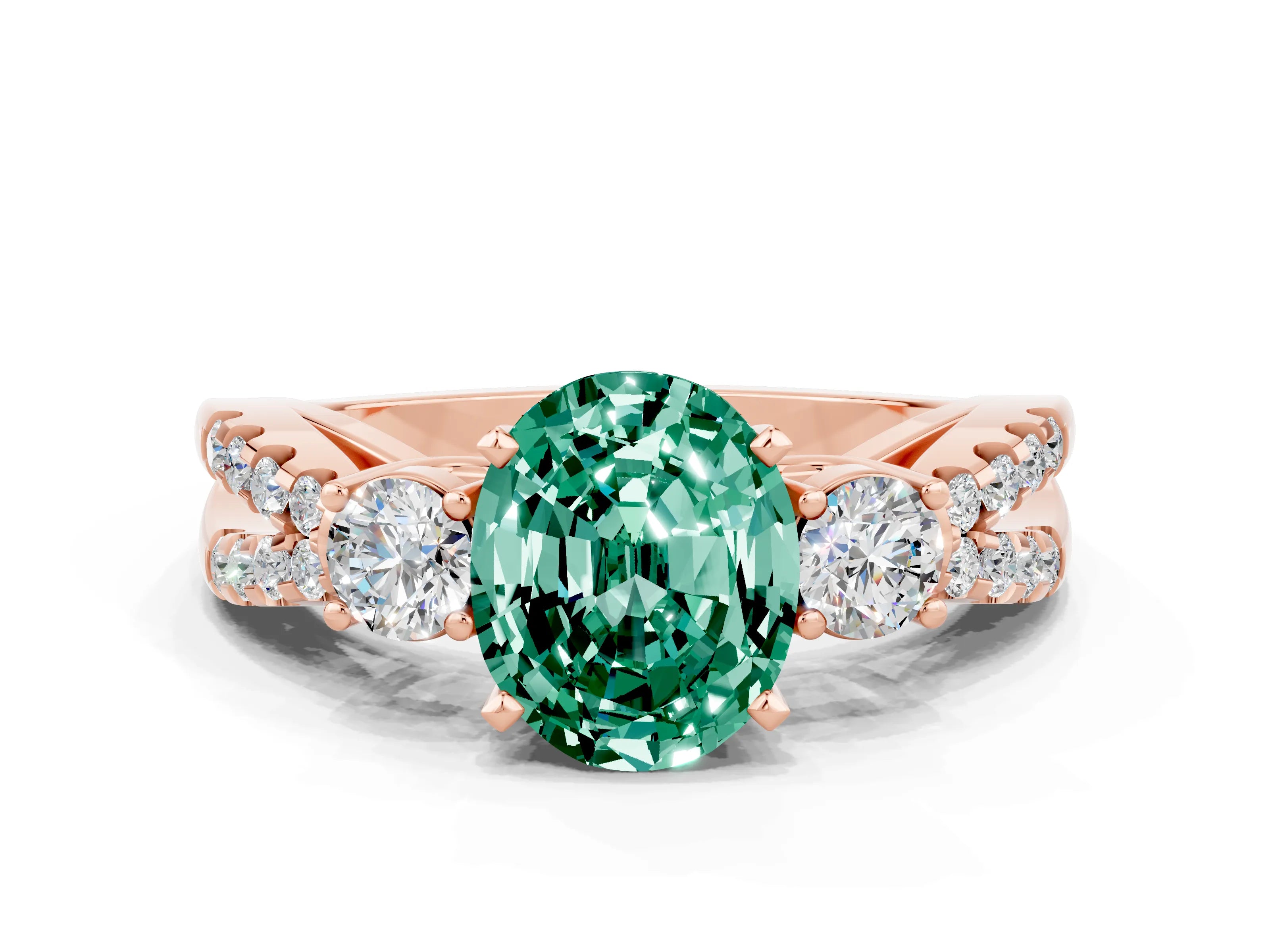 Rose gold Oval Cut Green Sapphire Three-Stone Ring with Pavé Split Shank and Four-Prong Setting_12