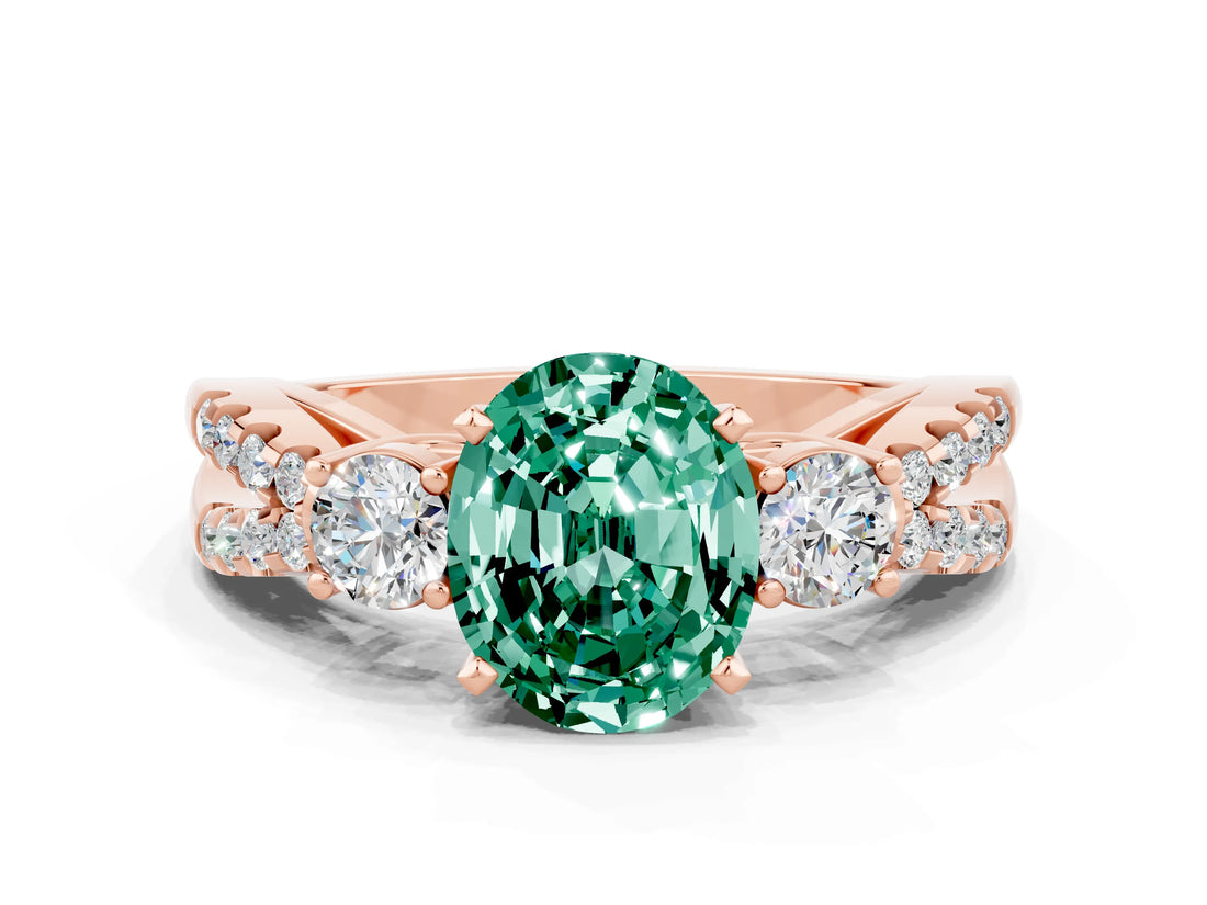 Rose gold Oval Cut Green Sapphire Three-Stone Ring with Pavé Split Shank and Four-Prong Setting_12