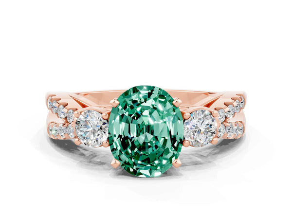 Rose gold Oval Cut Green Sapphire Three-Stone Ring with Pavé Split Shank and Four-Prong Setting