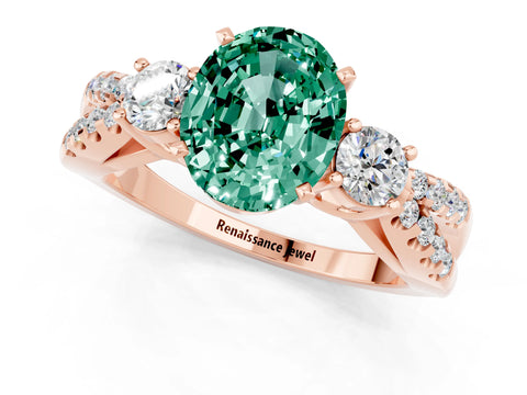 Rose gold Oval Cut Green Sapphire Three-Stone Ring with Pavé Split Shank and Four-Prong Setting_13