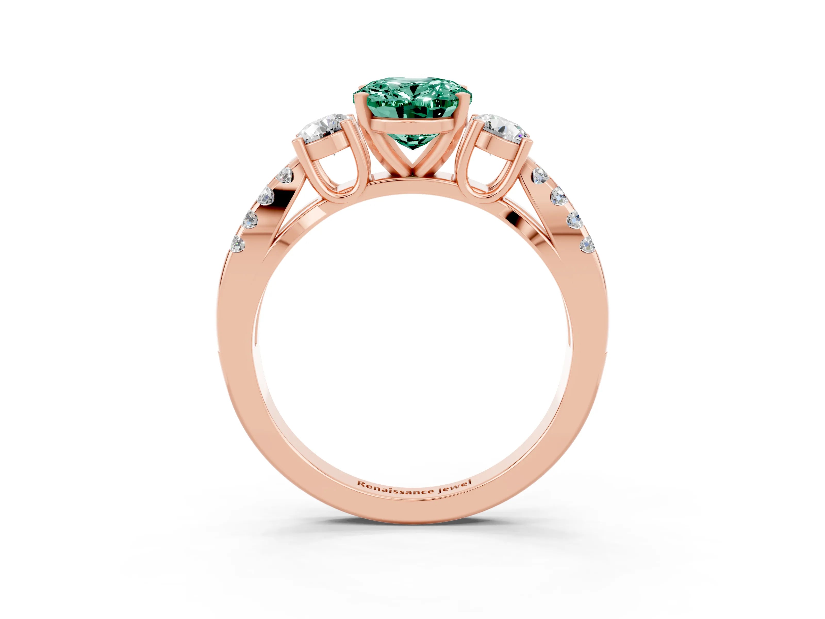 Rose gold Oval Cut Green Sapphire Three-Stone Ring with Pavé Split Shank and Four-Prong Setting_15